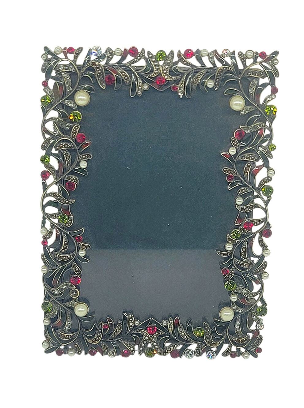 Vtg Jeweled Metal Picture Photo Frame and Glass Ornate Flowers Rhinestones M4